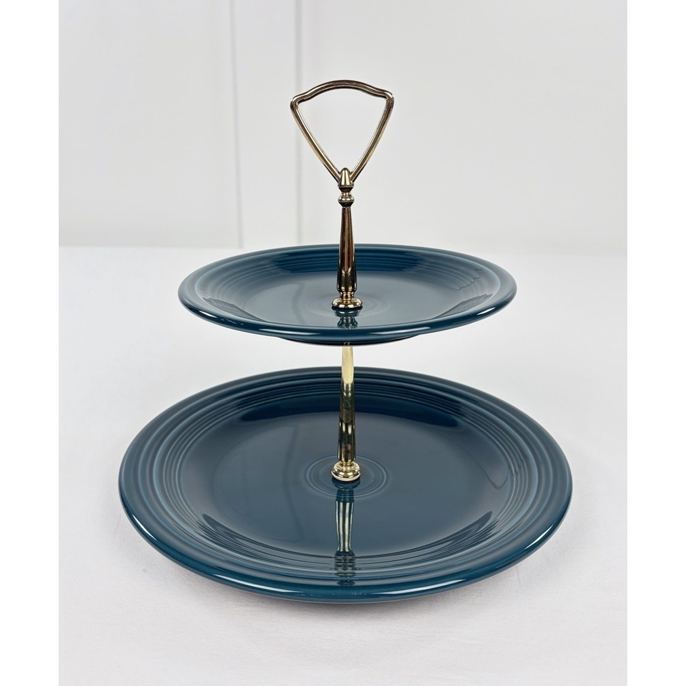 Fiestaware 2 Tier Serving Tray Teal Peacock Blue Homer Laughlin Dessert Stand